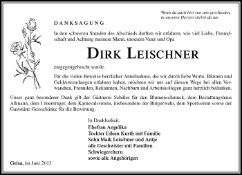Traueranzeige von Dirk Leischner von Südthüringer Presse