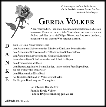 Traueranzeige von Gerda Völker von Südthüringer Presse