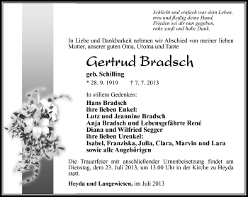 Traueranzeige von Gertrud Bradsch von Südthüringer Presse