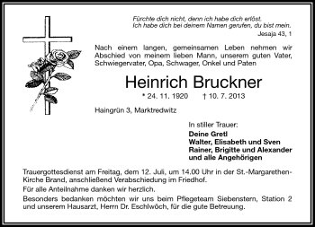 Traueranzeige von Heinrich Bruckner von Frankenpost