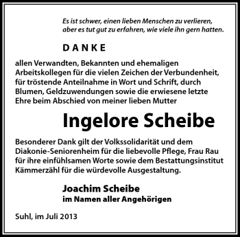 Traueranzeige von Ingelore Scheibe von Südthüringer Presse