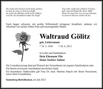 Traueranzeige von Waltraud Gölitz von Südthüringer Presse