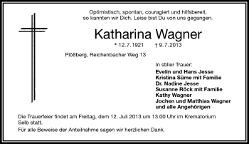 Traueranzeige von Katharina Wagner von Frankenpost