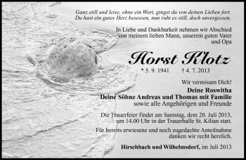 Traueranzeige von Horst Klotz von Südthüringer Presse