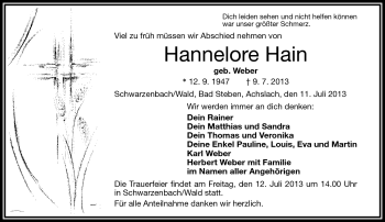 Traueranzeige von Hannelore Hain von Frankenpost