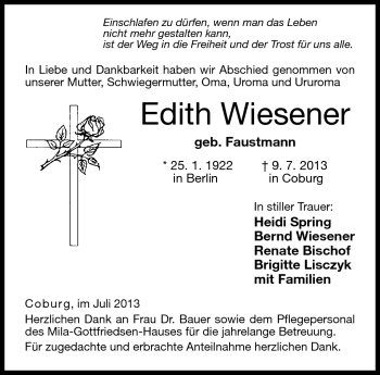 Traueranzeige von Edith Wiesener von Neue Presse Coburg