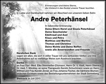 Traueranzeige von Andre Peterhänsel von Südthüringer Presse