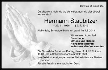 Traueranzeige von Hermann Staubitzer von Frankenpost