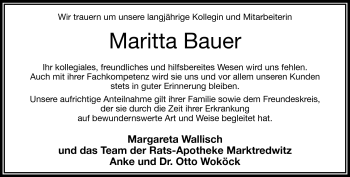 Traueranzeige von Maritta Bauer von Frankenpost
