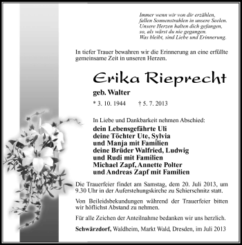 Traueranzeige von Erika Rieprecht von Südthüringer Presse