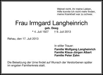 Traueranzeige von Irmgard Langheinrich von Frankenpost