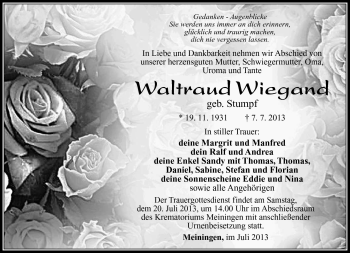 Traueranzeige von Waltraud Wiegand von Südthüringer Presse