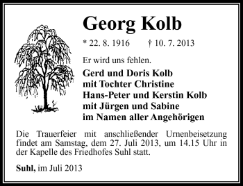 Traueranzeige von Georg Kolb von Südthüringer Presse