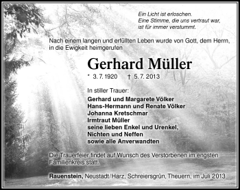 Traueranzeige von Gerhard Müller von Südthüringer Presse