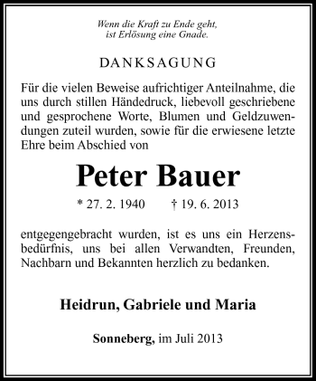 Traueranzeige von Peter Bauer von Südthüringer Presse