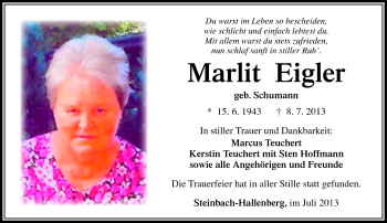 Traueranzeige von Marlit Eigler von Südthüringer Presse