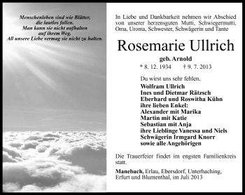 Traueranzeige von Rosemarie Ullrich von Südthüringer Presse