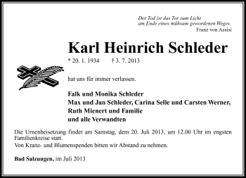 Traueranzeige von Karl Heinrich Schleder von Südthüringer Presse