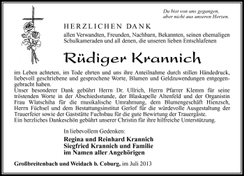 Traueranzeige von Rüdiger Krannich von Südthüringer Presse