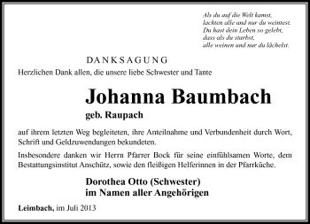 Traueranzeige von Johanna Baumbach von Südthüringer Presse