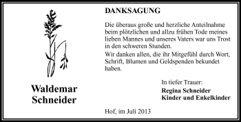 Traueranzeige von Waldemar Schneider von Frankenpost