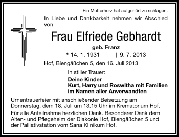 Traueranzeige von Elfriede Gebhardt von Frankenpost