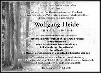 Traueranzeige von Wolfgang Heide von Südthüringer Presse