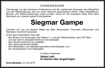 Traueranzeige von Siegmar Gampe von Südthüringer Presse