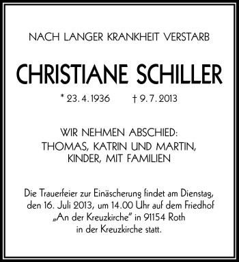 Traueranzeige von Christiane Schiller von Frankenpost