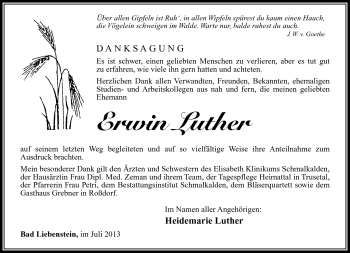 Traueranzeige von Erwin Luther von Südthüringer Presse