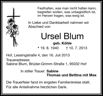 Traueranzeige von Ursel Blum von Frankenpost