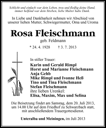 Traueranzeige von Rosa Fleischmann von Südthüringer Presse