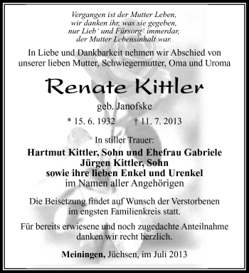 Traueranzeige von Reante Kittler von Südthüringer Presse