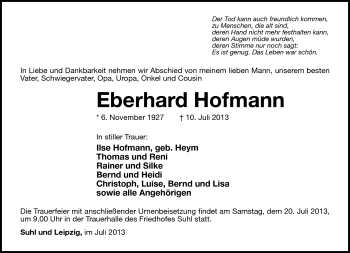 Traueranzeige von Eberhard Hofmann von Südthüringer Presse