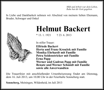 Traueranzeige von Helmut Backert von Südthüringer Presse