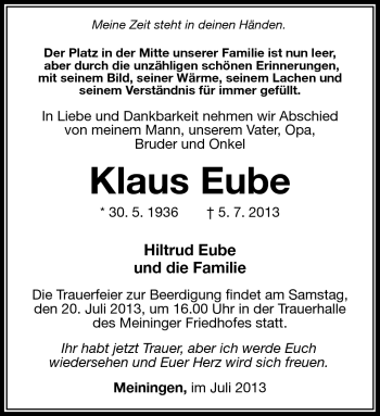Traueranzeige von Klaus Eube von Südthüringer Presse