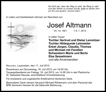 Traueranzeige von Josef Altmann von Neue Presse Coburg