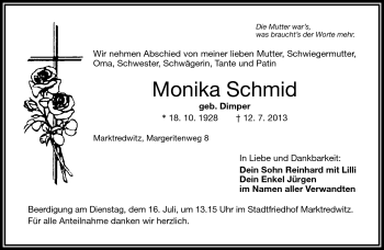 Traueranzeige von Monika Schmid von Frankenpost