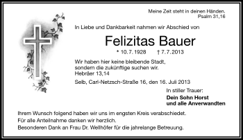 Traueranzeige von Felizitas Bauer von Frankenpost