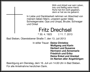 Traueranzeige von Fritz Drechsel von Frankenpost