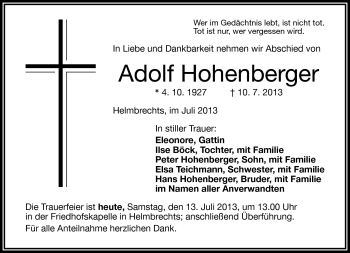 Traueranzeige von Adolf Hohenberger von Frankenpost