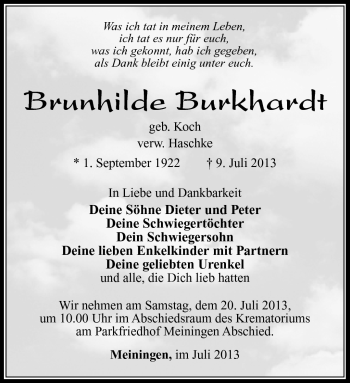 Traueranzeige von Brunhilde Burkhardt von Südthüringer Presse