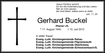 Traueranzeige von Gerhard Buckel von Frankenpost
