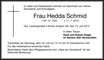 Traueranzeige von Hedda Schmid von Frankenpost