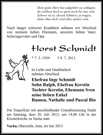 Traueranzeige von Horst Schmidt von Südthüringer Presse