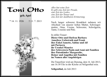 Traueranzeige von Toni Otto von Südthüringer Presse