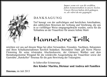 Traueranzeige von Hannelore Trilk von Südthüringer Presse