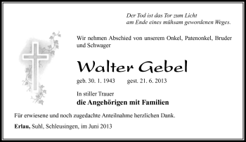Traueranzeige von Walter Gebel von Südthüringer Presse