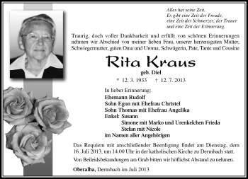 Traueranzeige von Rita Kraus von Südthüringer Presse