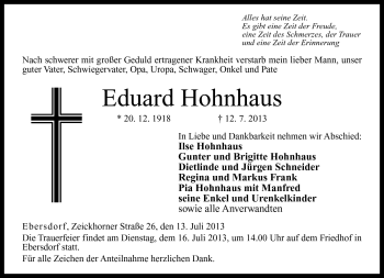 Traueranzeige von Eduard Hohnhaus von Neue Presse Coburg